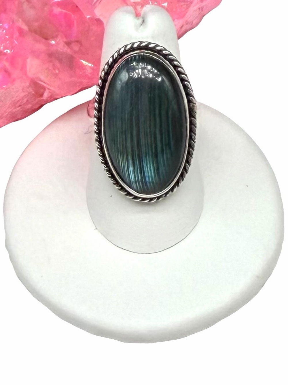 Labradorite Ring Size 7.5 925 Sterling Silver Overlay Oval Stone
